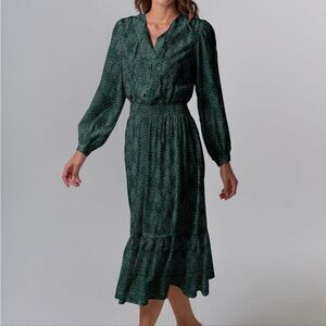 Tucker Juliette Dress Emerald Spots in Silk Stretch Charmeuse Long Sleeve Midi